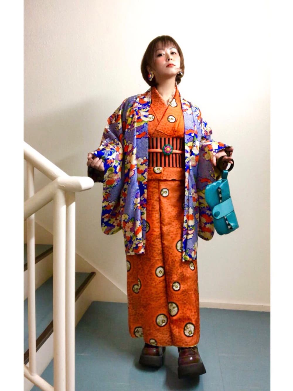 「大正浪漫、春コーデ、和服、着物、和装、アンティーク、古着、古着MIX、ヴィンテージ、平成最後のWEARISTAセンバツ」｜「アップ👘の色柄＆小物確認用（採寸ボディースーツ、オレンジ系）」を使った、はんだぱんださん（レディース・146cm）の春コーディネートの1枚目の写真
