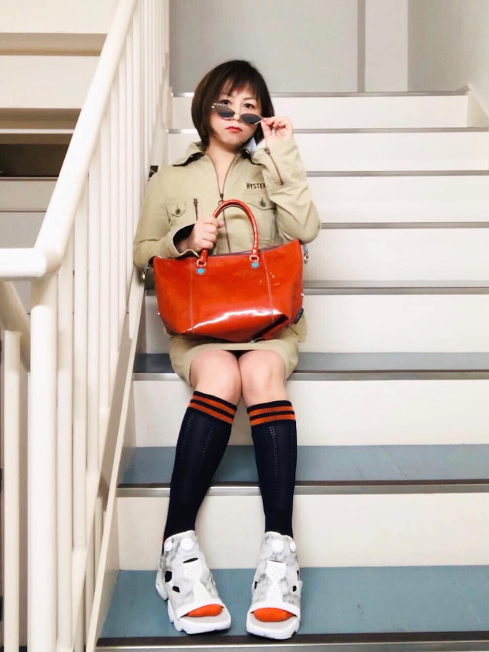 「リーボックラブ、スポーツミックス、カジュアルコーデ、ワンピース、サングラス、キャットアイ、古着、古着MIX、平成最後のWEARISTAセンバツ、ターミネーター」｜「Reebokのインスタポンプ フューリー サンダル  INSTA PUMP FURY SANDAL Reebok CLASSIC（リーボック クラシック）（サンダル、ホワイト系）」を使った、はんだぱんださん（レディース・146cm）の春コーディネートの1枚目の写真