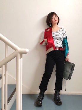 「Rodeo Crowns（ロデオクラウンズ）のアイテム（ブルゾン）」を使った、はんだぱんださん（レディース・146cm）の春コーディネート