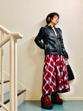 「MANGO（マンゴ）のアイテム（ライダースジャケット）」を使った、はんだぱんださん（レディース・146cm）の秋コーディネート