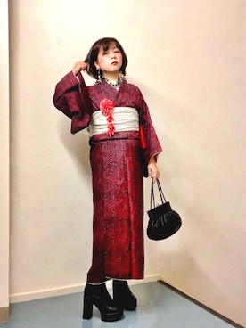 「着物」｜「アイテム（ハンドバッグ）」を使った、はんだぱんださん（レディース・146cm）の夏コーディネート