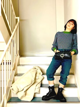 「緑」｜「アイテム（ムートンコート）」を使った、はんだぱんださん（レディース・146cm）の冬コーディネート
