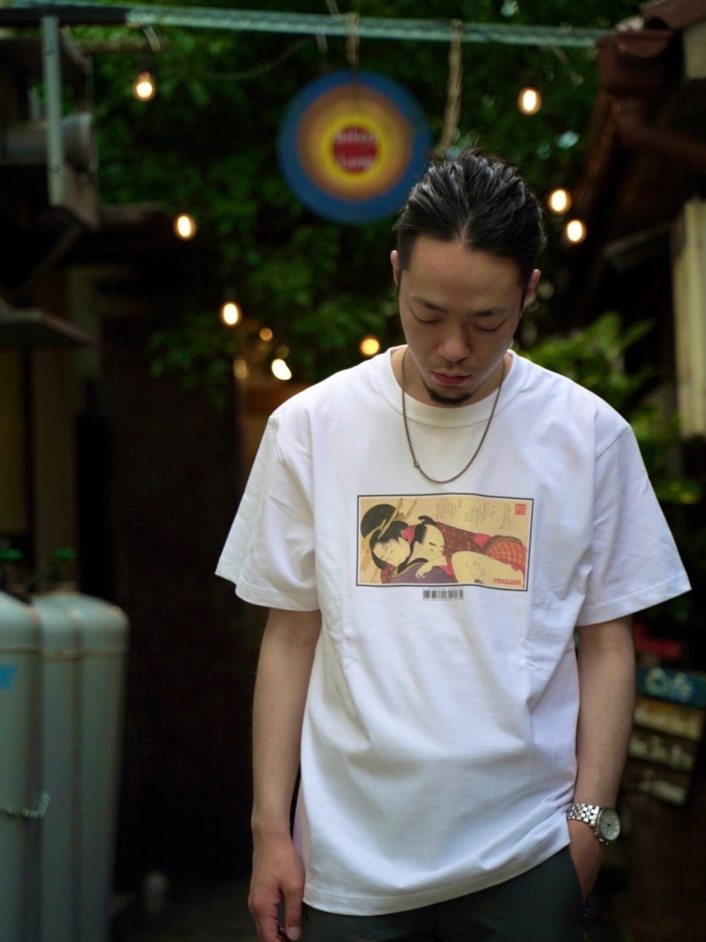 「Himejien、姫路縁、VANQUISH、Tシャツ、Tシャツコーデ、Tシャツスタイル、夏、夏コーデ、和柄、浮世絵」｜「VANQUISHのUkiyo-e クルーネックTシャツ（Tシャツ/カットソー、ホワイト系）」を使った、杉本 博之（和柄が好きな人）さん（メンズ・171cm）の夏コーディネートの1枚目の写真