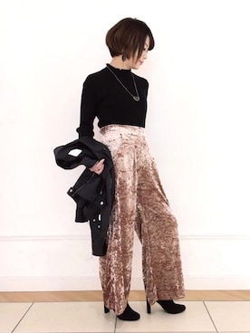 「アイテム（ライダースジャケット）」を使った、Chisaさん（レディース・154cm）の秋コーディネート