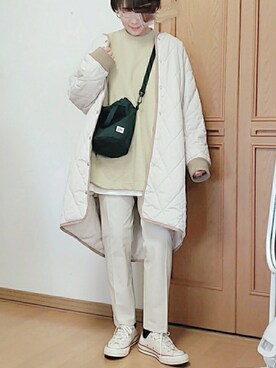 「スウエット」｜「アイテム（ダウンジャケット/コート）」を使った、ₛₑₜₜₛさん（レディース・161cm）の春コーディネート