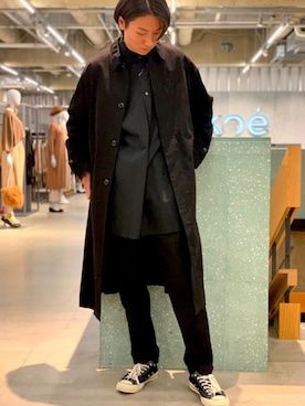 「ロングシャツ」｜「アイテム（ステンカラーコート）」を使った、🦋¥U🦋さん（メンズ・179cm）の秋コーディネート