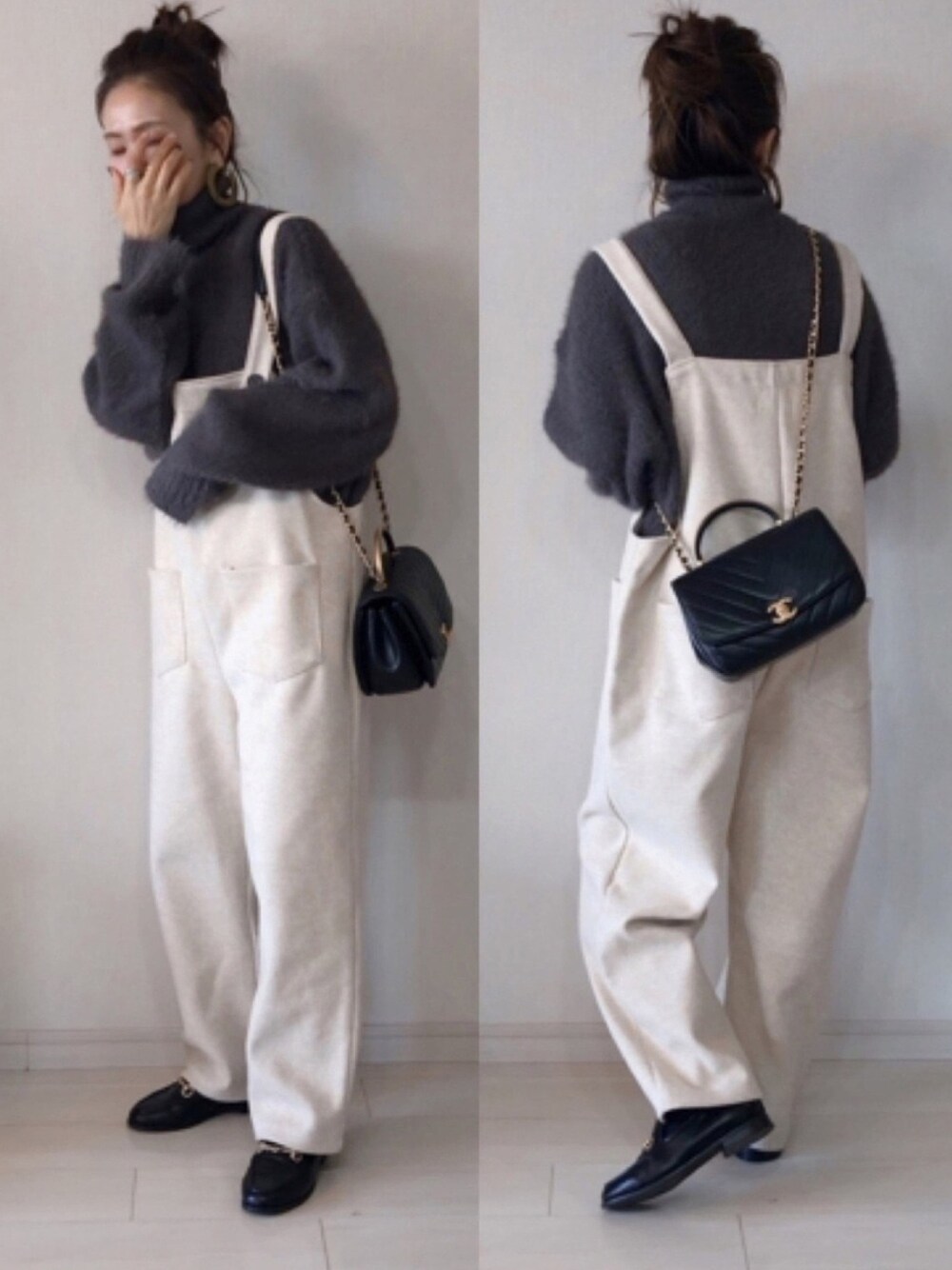 グレー系のニット/セーター、ホワイト系のサロペット/オーバーオール、ブラック系のその他シューズを着用したレディースの秋コーディネートの1枚目の写真