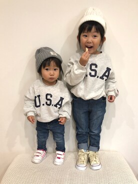 「USA」｜「アイテム（スウェット）」を使った、mei♡hinaさん（キッズ・100cm）の冬コーディネート