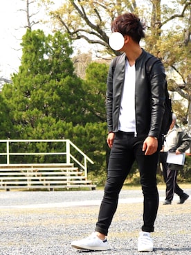 「花見」｜「アイテム（ライダースジャケット）」を使った、YAMATO⚾️さん（メンズ・176cm）の春コーディネート