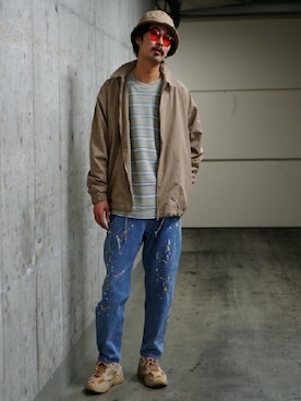 「BEAMS（ビームス）のBEAMS / ペイント バギー テーパード デニム（デニムパンツ）」を使った、BEAMS MENさん（メンズ・183cm）の春コーディネート