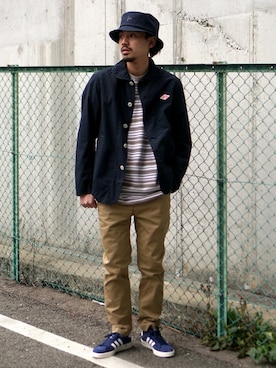 「アイテム（ハット、ブルー系）」を使った、BEAMS MENさん（メンズ・175cm）の春コーディネート