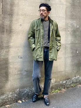 「ブラックデニム」｜「アイテム（ノーカラージャケット）」を使った、ヤギハシカズヒロさん（メンズ・181cm）の春コーディネート