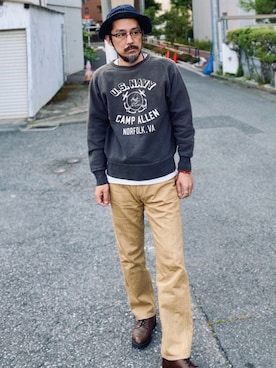 「Buzz Rickson's（バズリクソンズ）のアイテム（スウェット）」を使った、ヤギハシカズヒロさん（メンズ・181cm）の春コーディネート