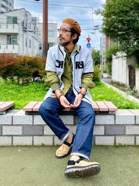 「Engineered Garments（エンジニアードガーメンツ）のアイテム（ハンチング/ベレー帽）」を使った、ヤギハシカズヒロさん（メンズ・181cm）の夏コーディネート