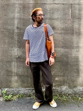 「Engineered Garments（エンジニアードガーメンツ）のアイテム（ハンチング/ベレー帽）」を使った、ヤギハシカズヒロさん（メンズ・181cm）の夏コーディネート