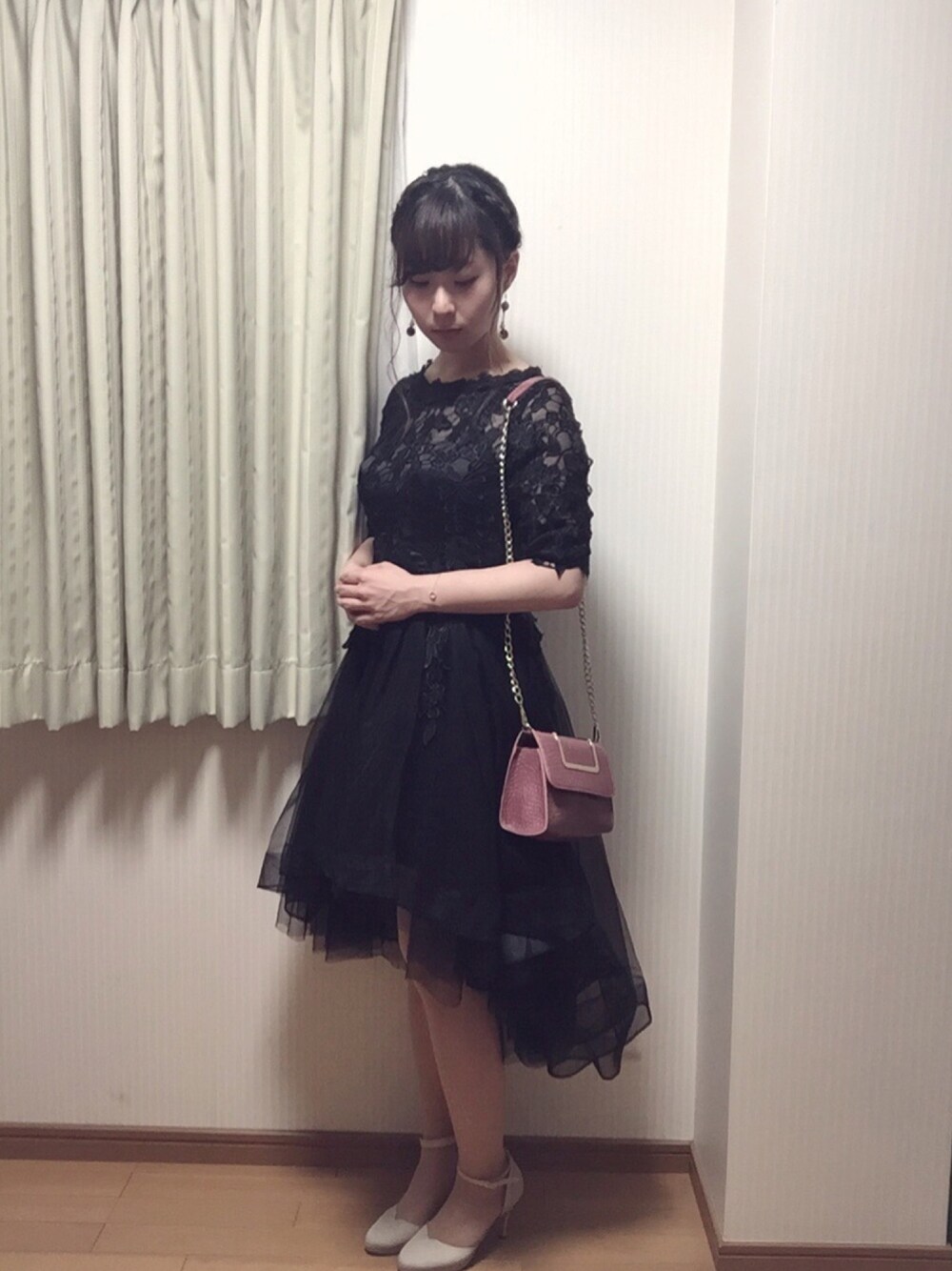 「パーティースタイル、ドレス、ドレスアップ、結婚式、結婚式 ワンピース、フィッシュテール」｜「楽天のアイテム（ドレス、ブラック系）」を使った、mk98さん（レディース・158cm）の秋コーディネートの1枚目の写真