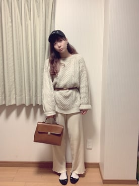「リブニットパンツ」｜「アイテム（バレエシューズ）」を使った、mk98さん（レディース・158cm）の冬コーディネート