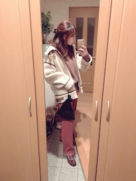 「巾着バッグ」｜「アイテム（ムートンコート）」を使った、mk98さん（レディース・158cm）の冬コーディネート