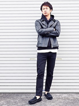「UGG」｜「アイテム（ライダースジャケット）」を使った、mitsuruさん（メンズ・179cm）の冬コーディネート