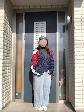「ナイロンパーカー」｜「アイテム（ハンチング/ベレー帽）」を使った、momoさん（レディース・162cm）の冬コーディネート