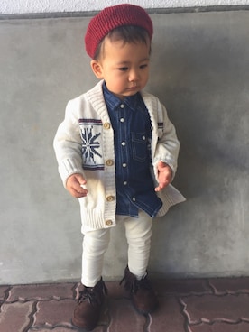 「カウチンセーター」｜「アイテム（ハンチング/ベレー帽）」を使った、KG☻さん（キッズ・80cm）の冬コーディネート