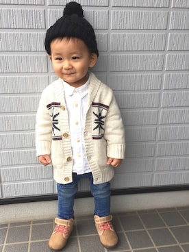 「カウチンセーター」｜「アイテム（ニットキャップ/ビーニー）」を使った、KG☻さん（キッズ・80cm）の冬コーディネート