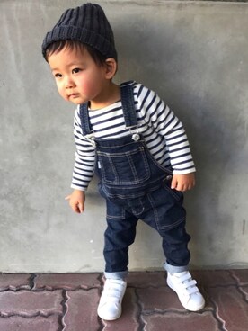 「ネイビー×ホワイト」｜「アイテム（サロペット/オーバーオール）」を使った、KG☻さん（キッズ・80cm）の冬コーディネート
