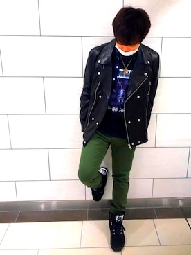 「雨」｜「アイテム（ライダースジャケット）」を使った、まさきんぐさん（メンズ・174cm）の冬コーディネート