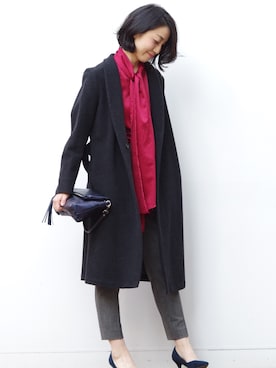 「ボウタイ」｜「アイテム（ダウンジャケット/コート）」を使った、Emmaさん（レディース・161cm）の冬コーディネート