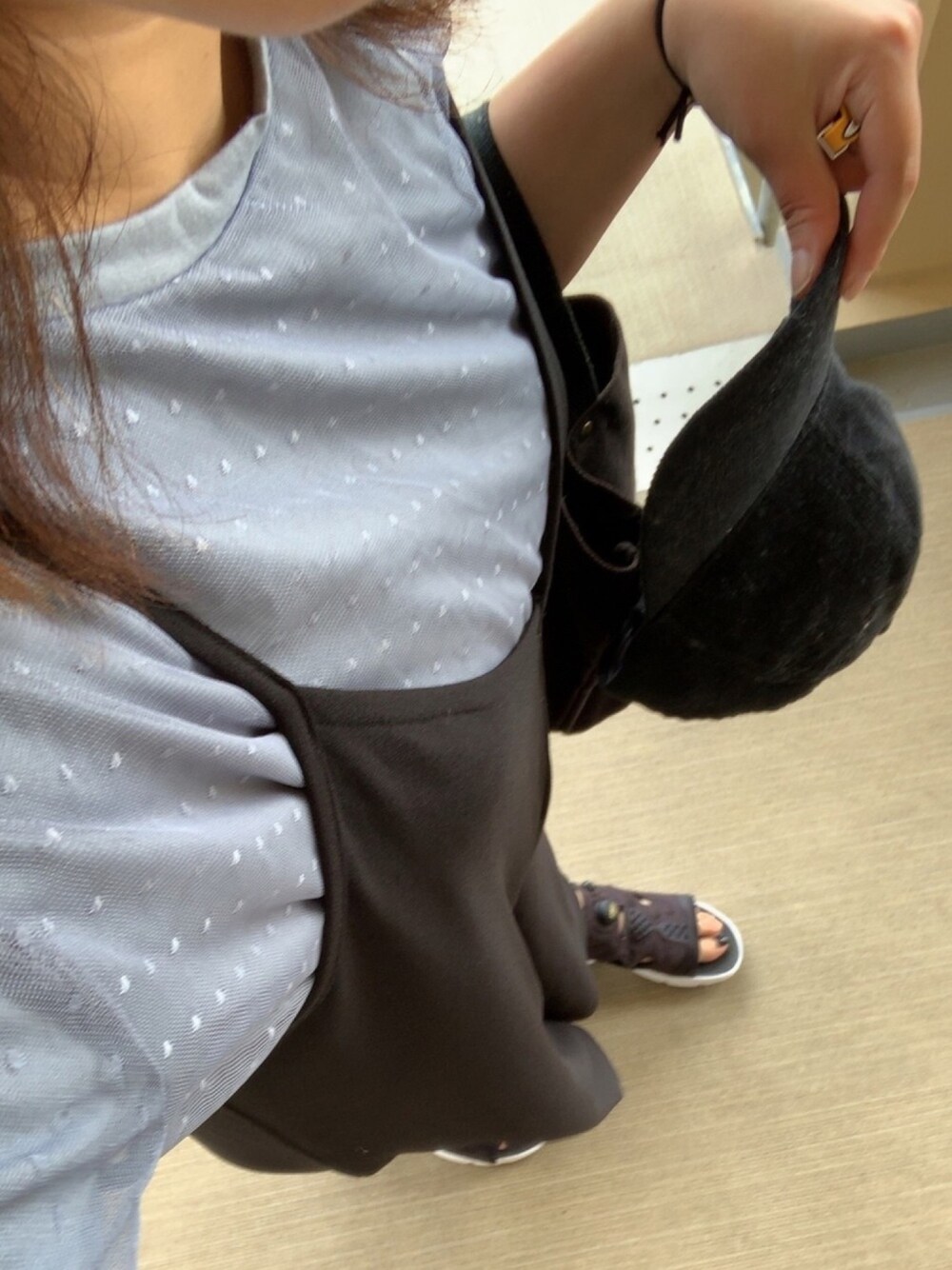 「今日の服、ぽっちゃり、コーデ記録、着たいものを着る、好きなものを着る、ぽっちゃりコーデ、おしゃれになりたい、コーデュロイキャップ、おしゃれさんと繋がりたい、ぽっちゃりでもおしゃれしたい！」｜「GLOBAL WORKのドットチュールレイヤード半袖/798921（Tシャツ/カットソー、ブルー系）」を使った、erer6さん（レディース・159cm）の夏コーディネートの1枚目の写真