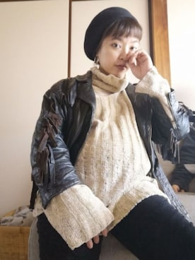 「古着女子」｜「アイテム（ライダースジャケット）」を使った、jizocoさん（レディース・148cm）の冬コーディネート