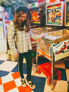 「ベージュ×ブラック」｜「アイテム（ハンチング/ベレー帽）」を使った、Ri-koさん（レディース・148cm）の秋コーディネート