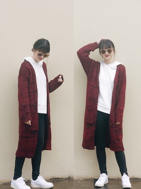 「アイテム（ステンカラーコート、レッド系）」を使った、Hannnaさん（レディース・165cm）の秋コーディネート