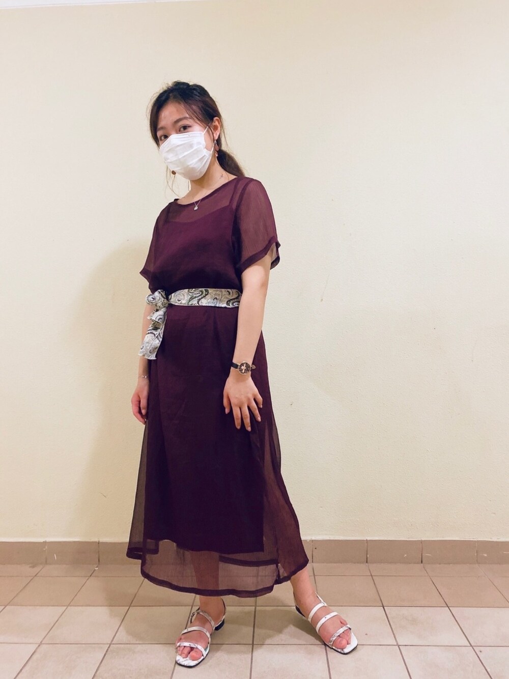 「summer、Kastane、kastane_ootd、ootd、wine、red、onepiece」｜「KastaneのレイヤードシアーワンピースSET（ワンピース、パープル系）」を使った、Averina Chuさん（レディース・158cm）の夏コーディネートの1枚目の写真