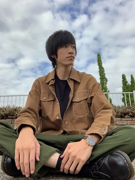 「70's」｜「アイテム（デニムジャケット）」を使った、意味深さん（メンズ・186cm）の秋コーディネート