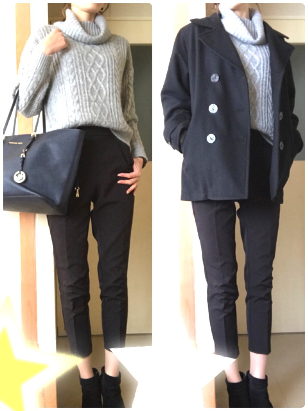 「outfit、タートルネック、INGNI、GU、2wayストレッチテーパードパンツ、ショートブーツ、ニクソン(NIXON)、べっ甲、ピーコート、母コーデ」｜「MICHAEL KORSのMichael Michael Kors - Jet Set Travel トートバッグ - women - レザー - ワンサイズ（トートバッグ、ブルー系）」を使った、まーちんさん（レディース・169cm）の冬コーディネートの1枚目の写真