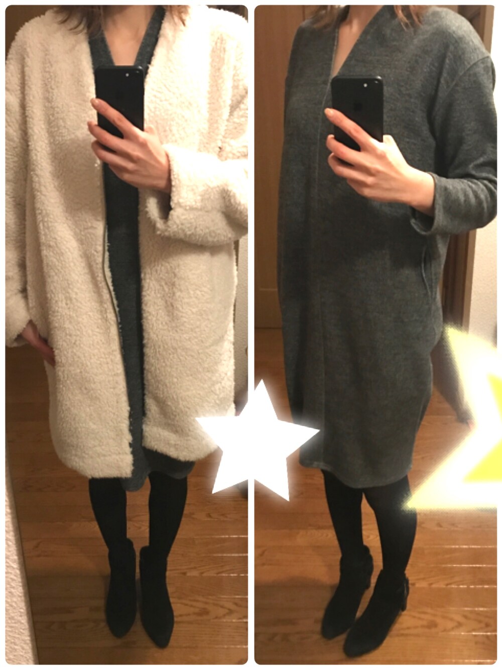 「outfit、ボア、ワンピース、ショートブーツ、冬コーデ、styledeli、UNIQLO、オーバーサイズコート、フリースコート、母コーデ」｜「UNIQLOのアイテム（ノーカラージャケット、ホワイト系）」を使った、まーちんさん（レディース・169cm）の冬コーディネートの1枚目の写真