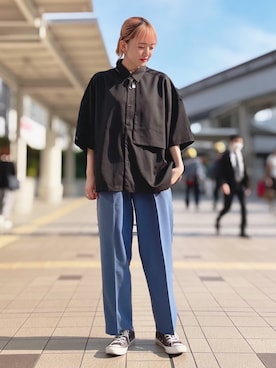 「JUNRED（ジュンレッド）のアイテム（スラックス）」を使った、shioriさん（レディース・164cm）の夏コーディネート