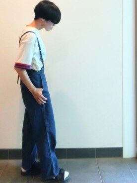 「SOMETHING（サムシング）のアイテム（オールインワン・サロペット、ブルー系）」を使った、裕輔さん（レディース・161cm）の春コーディネート