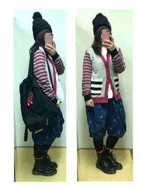 「にらめっこーで」｜「アイテム（ニットキャップ/ビーニー）」を使った、Ri*さん（レディース・152cm）の春コーディネート
