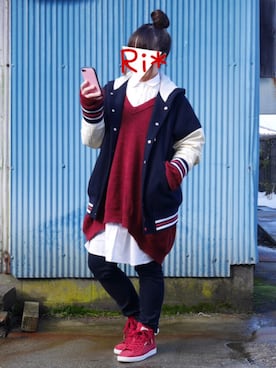 「シャツワンピ」｜「アイテム（スタジャン）」を使った、Ri*さん（レディース・152cm）の冬コーディネート