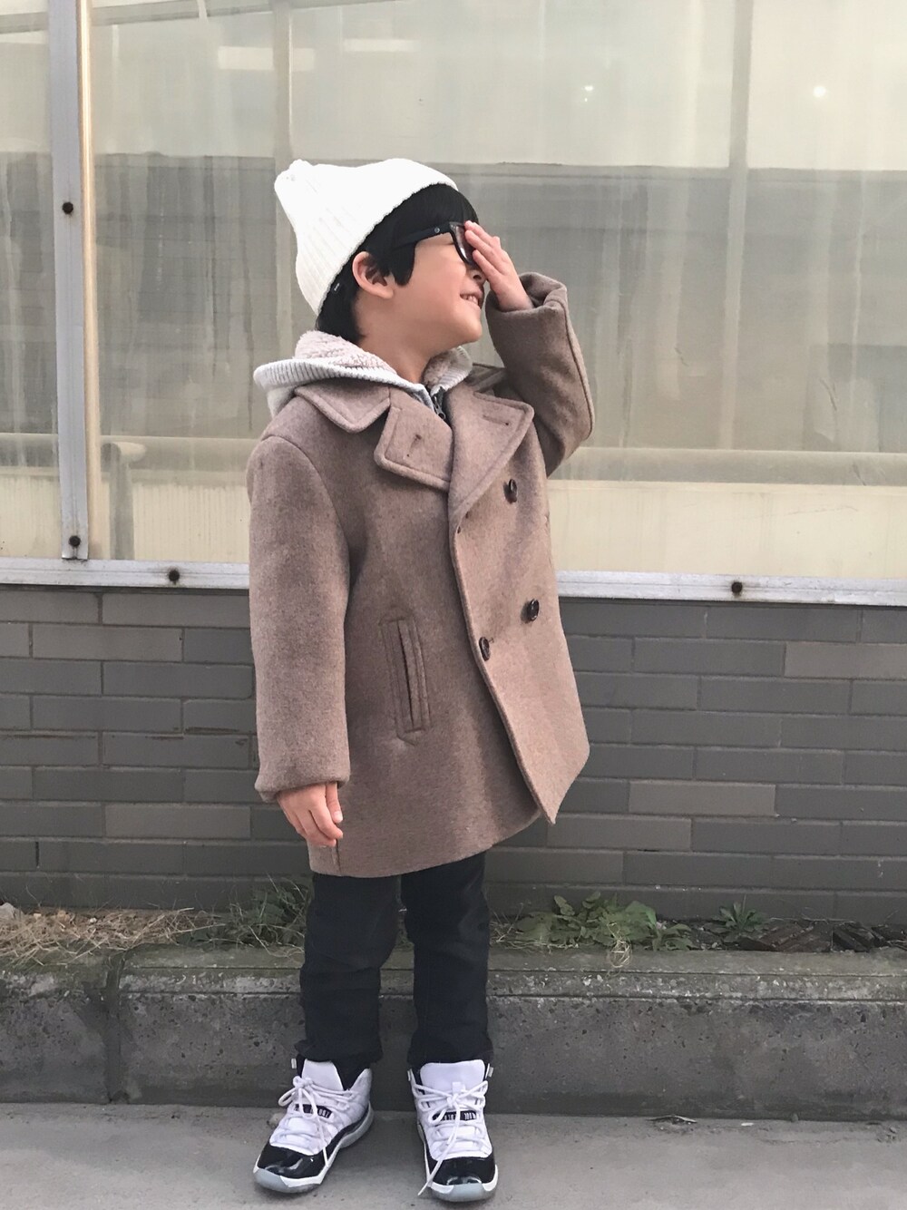 「初売りセールで買いました2019、kids、ootd、Anan’s look、冬コーデ」｜「petit mainのワンポイントベーシックニット帽（ニットキャップ/ビーニー、ホワイト系）」を使った、♥Anan♥さん（キッズ・100cm）の冬コーディネートの1枚目の写真