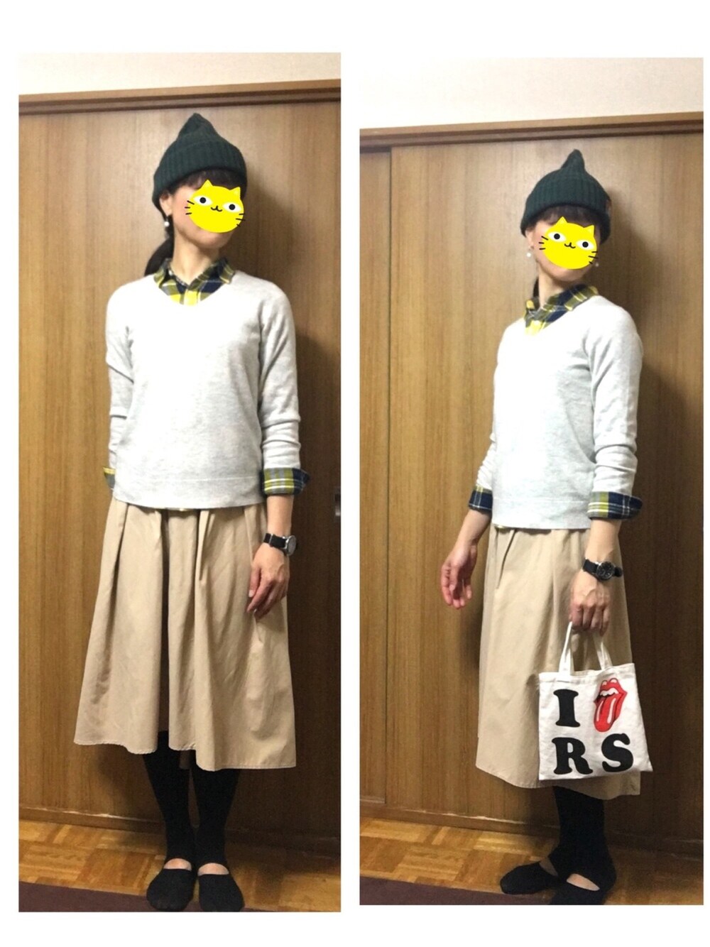 「上下GU、プチプラ、ウエストゴム、ふんわりスカート、ベージュスカート、白味噌スカート、チェックシャツ、キッズアイテム、楽チンコーデ、春コーデ」｜「BEN DAVISの【BEN DAVIS】ワンポイントロゴコットンワッチ（ニットキャップ/ビーニー、グリーン系）」を使った、くまこ…♋︎さん（レディース・167cm）の春コーディネートの1枚目の写真