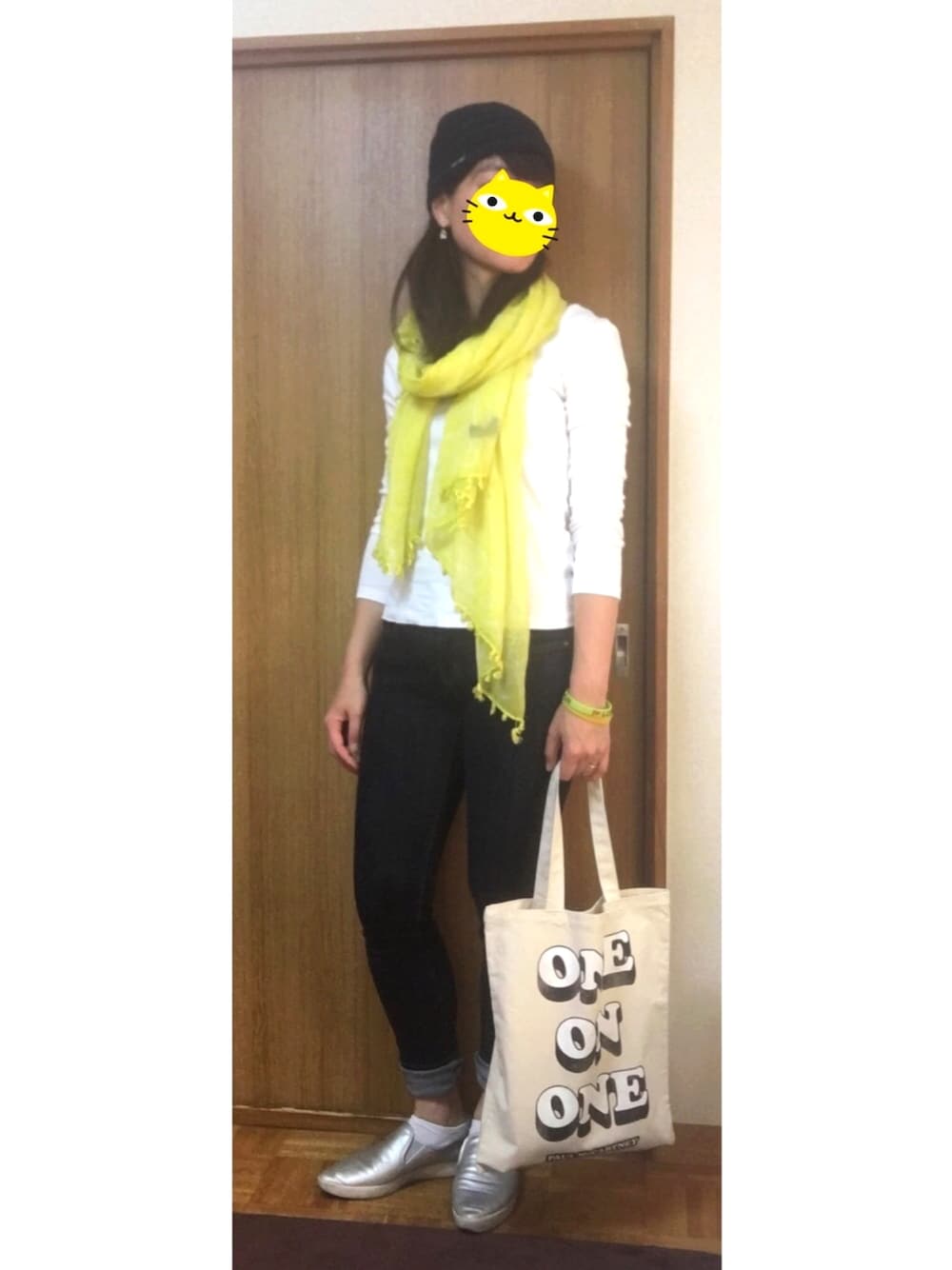 「オールGU、上下GU、プチプラ、シンプル、ポールマッカートニー、エコバック、ボーダー、ベルイエロー、白Tシャツ、ライブの翌日、美女と野獣キャンペーン」｜「SAINT JAMESのアイテム（ニットキャップ/ビーニー、グリーン系）」を使った、くまこ…♋︎さん（レディース・167cm）の春コーディネートの1枚目の写真
