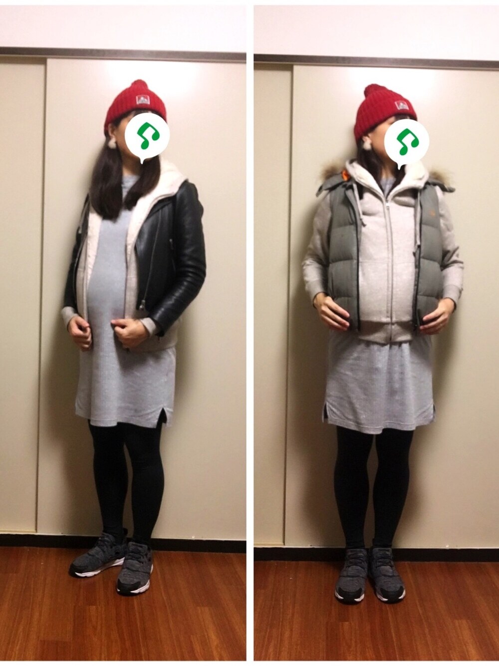 「妊婦、ライダース、パーカー、裏起毛、あったかコーデ、ダウンベスト、ファー小物、薬膳カラーコーデ、長芋のもっちりすいとん風団子汁、ニット帽」｜「BEN DAVISの【BEN DAVIS】ワンポイントロゴコットンワッチ（ニットキャップ/ビーニー、レッド系）」を使った、くまこ…♋︎さん（レディース・167cm）の秋コーディネートの1枚目の写真
