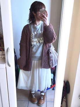 「ケーブルカーディガン」｜「アイテム（アクセサリー）」を使った、Sayuさん（レディース・153cm）の春コーディネート