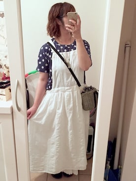 「Samansa Mos2（サマンサ モスモス）のオーバーレースエプロンワンピース（ワンピース）」を使った、Sayuさん（レディース・153cm）の夏コーディネート