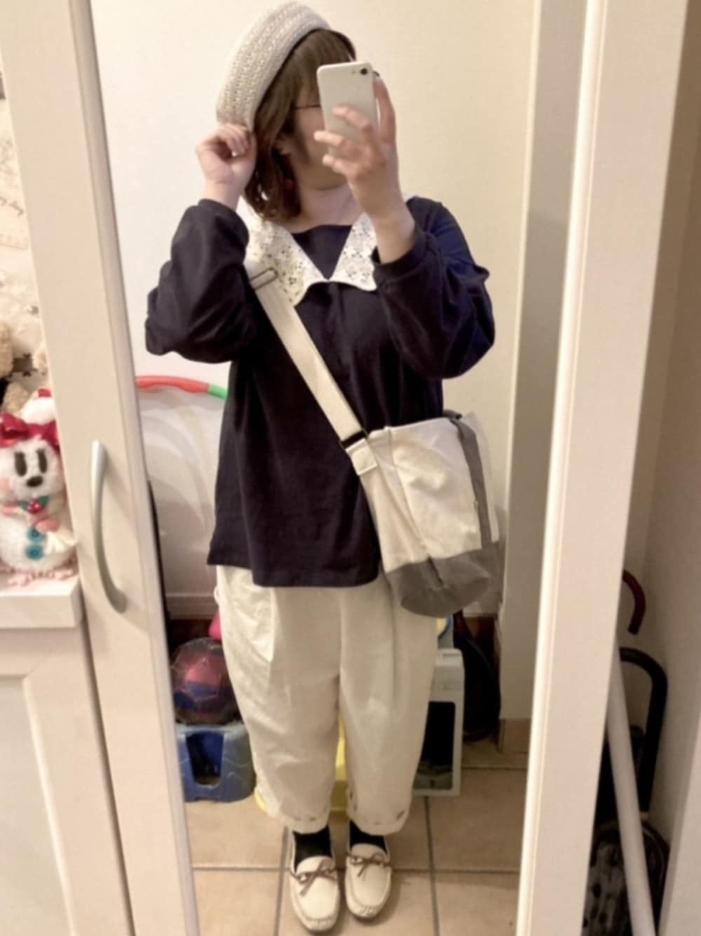 「休日スタイル、マリン、Samansa Mos2、セーラーカラー、サルエルパンツ、ベレー帽、SM2コーデ、低身長、おしゃれさんと繋がりたい」｜「Samansa Mos2のセーラー風レース衿プルオーバー（Tシャツ/カットソー、ブルー系）」を使った、Sayuさん（レディース・153cm）の春コーディネートの1枚目の写真