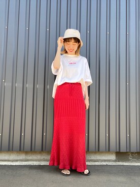 「レッドコーデ」｜「アイテム（帽子）」を使った、まにさん（レディース・160cm）の春コーディネート