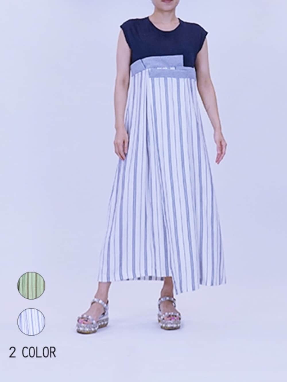 「ストライプワンピース、リネンワンピース、summer、韓国ファッション、プチプラ、女性らしい」｜「SCRUMのリネン・ラップ・ワンピース（ワンピース、ブルー系）」を使った、SCRUMさん（レディース・161cm）の夏コーディネートの1枚目の写真